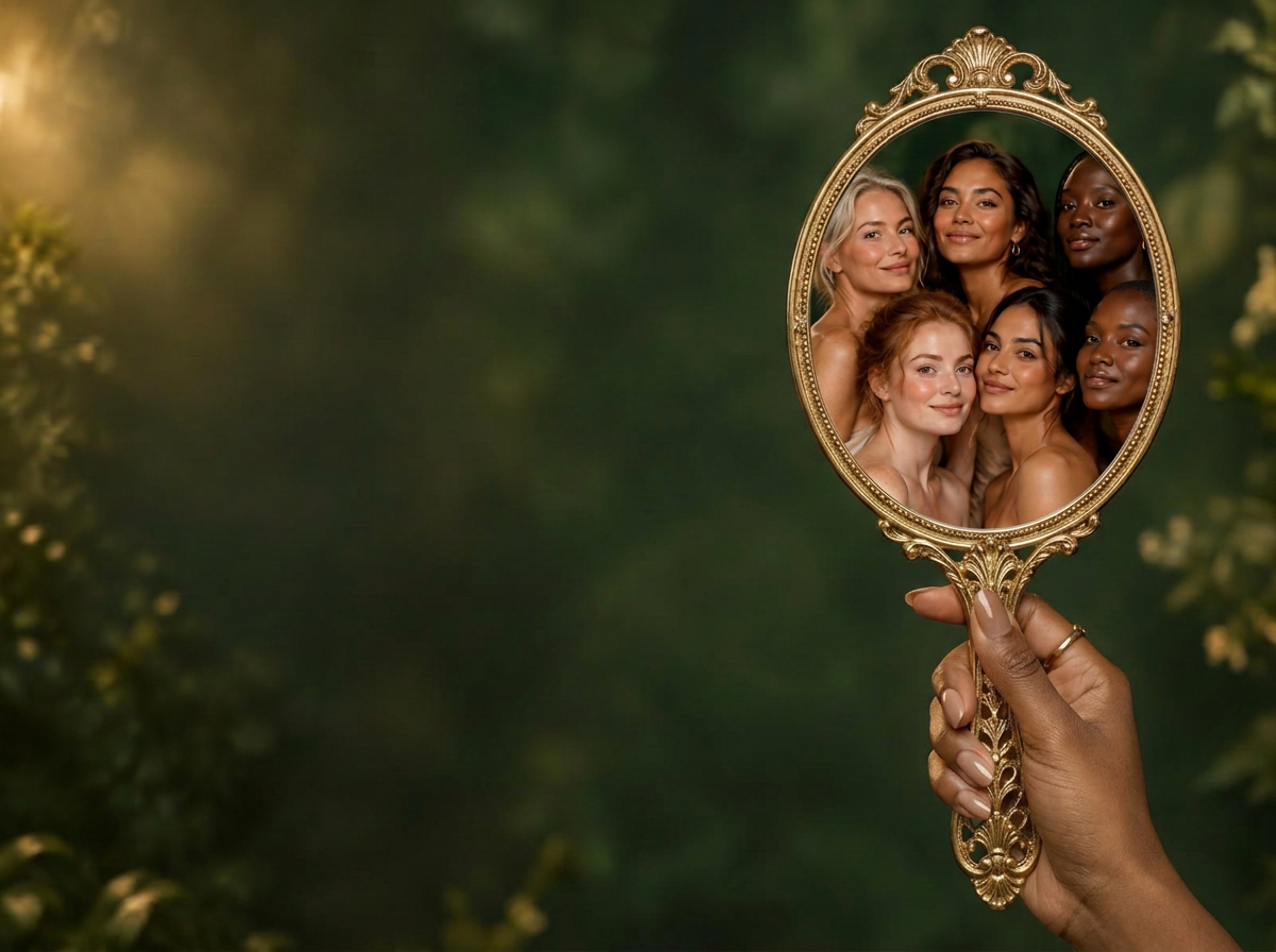 TruIdentity mirror artwork: a gold handheld mirror reflecting faces of many skin tones (illustration, not client photos)